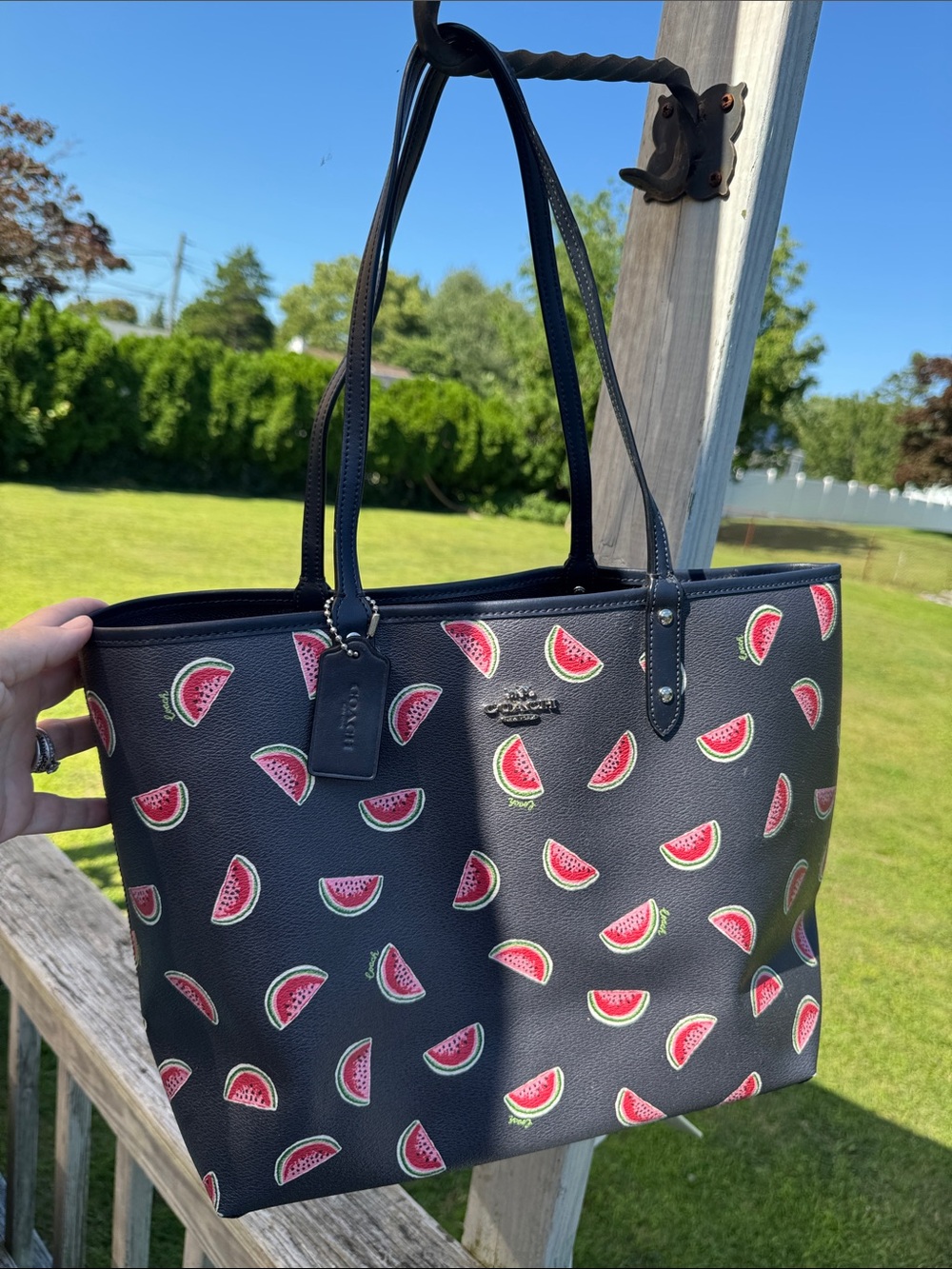 Coach Black Leather Tote with Watermelon Print/Reversible to Navy